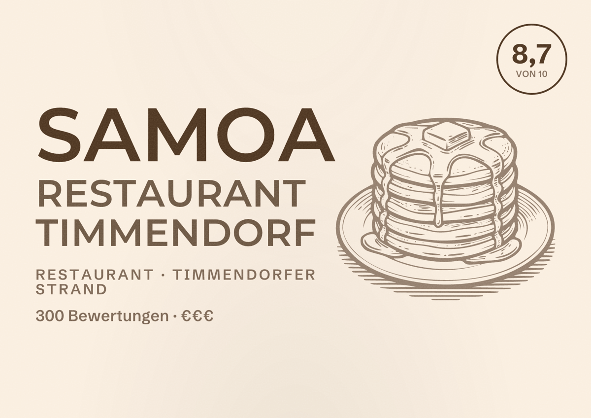 Illustriertes Poster von Samoa Restaurant Timmendorf, Restaurant in Timmendorfer Strand: Bewertung 8,7 von 10 aus 300 Bewertungen, Preisniveau €€€