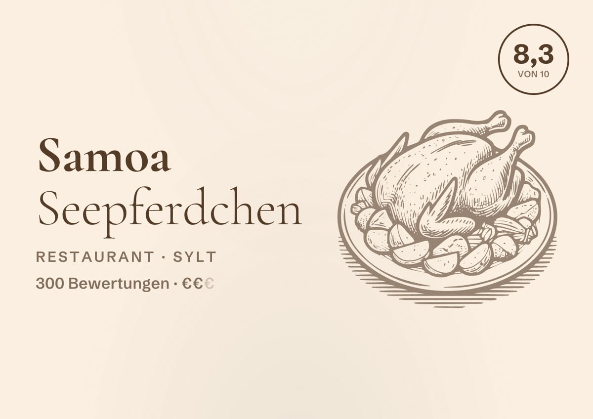 Illustriertes Poster von Samoa Seepferdchen, Restaurant in Sylt: Bewertung 8,3 von 10 aus 300 Bewertungen, Preisniveau €€
