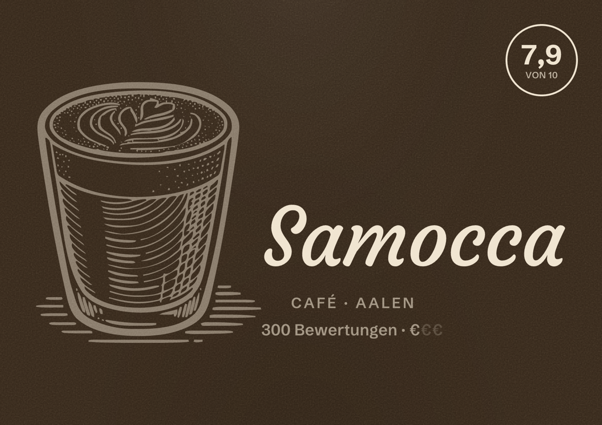 Illustriertes Poster von Samocca, Café in Aalen: Bewertung 7,9 von 10 aus 300 Bewertungen, Preisniveau €