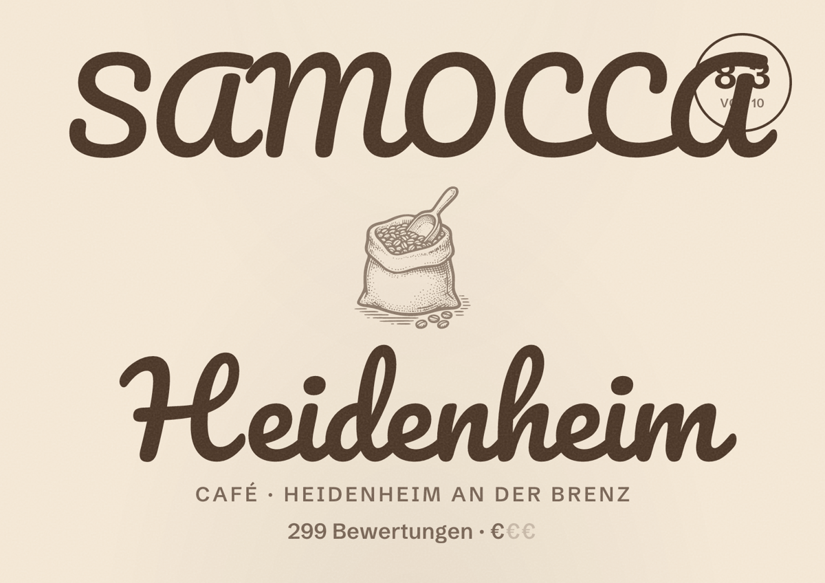 Illustriertes Poster von SAMOCCA Heidenheim, Café in Heidenheim an der Brenz: Bewertung 8,3 von 10 aus 299 Bewertungen, Preisniveau €