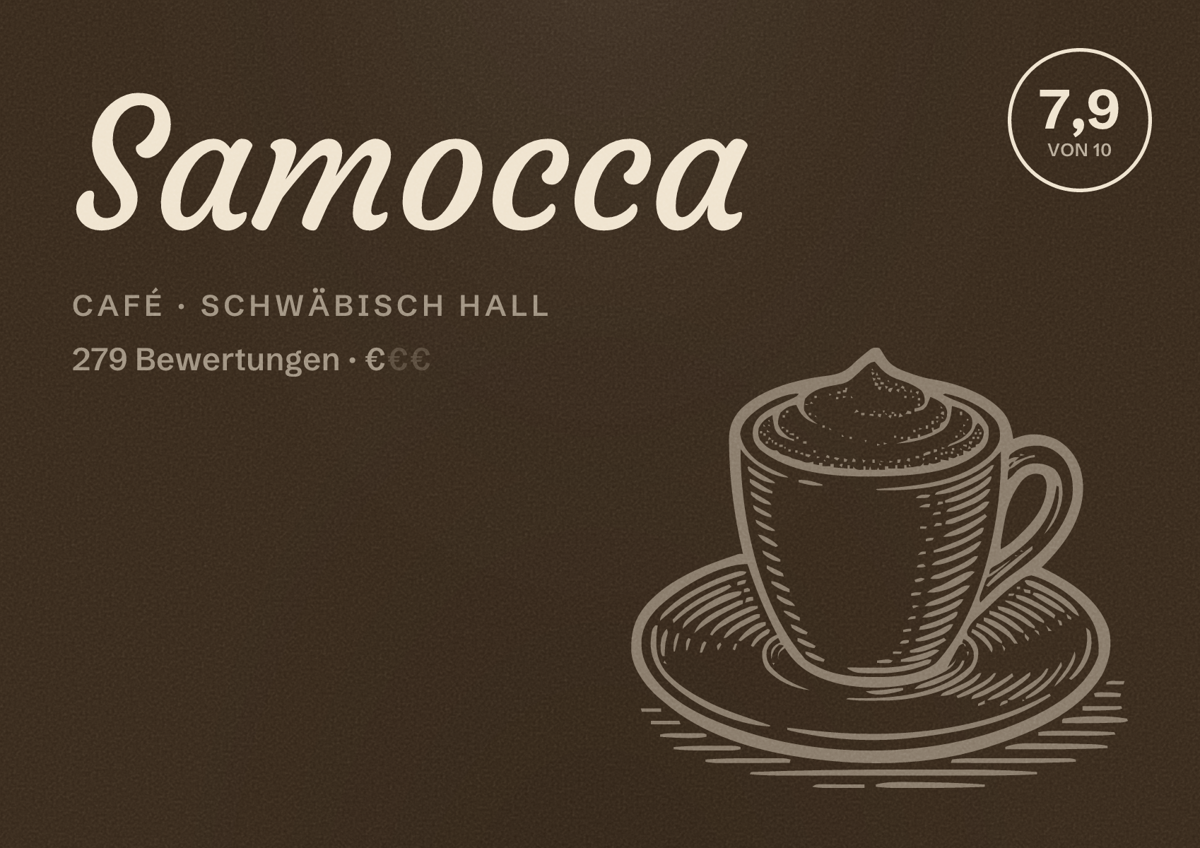 Illustriertes Poster von Samocca, Café in Schwäbisch Hall: Bewertung 7,9 von 10 aus 279 Bewertungen, Preisniveau €