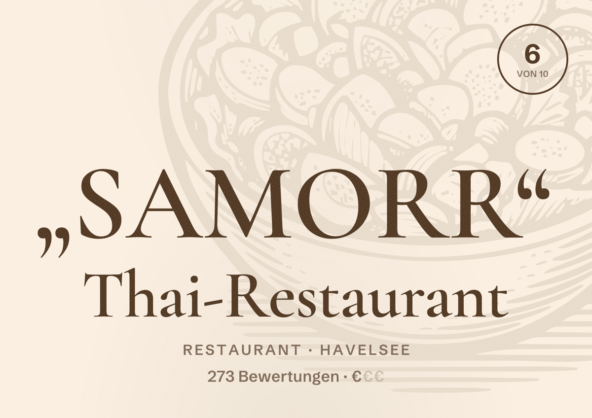 Illustriertes Poster von „SAMORR“ Thai-Restaurant, Restaurant in Havelsee: Bewertung 6 von 10 aus 273 Bewertungen, Preisniveau €