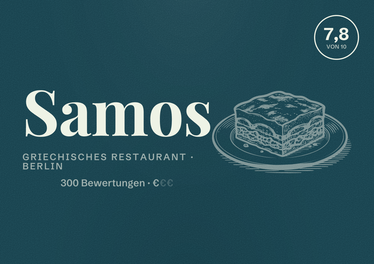 Illustriertes Poster von Samos, Griechisches Restaurant in Berlin: Bewertung 7,8 von 10 aus 300 Bewertungen, Preisniveau €