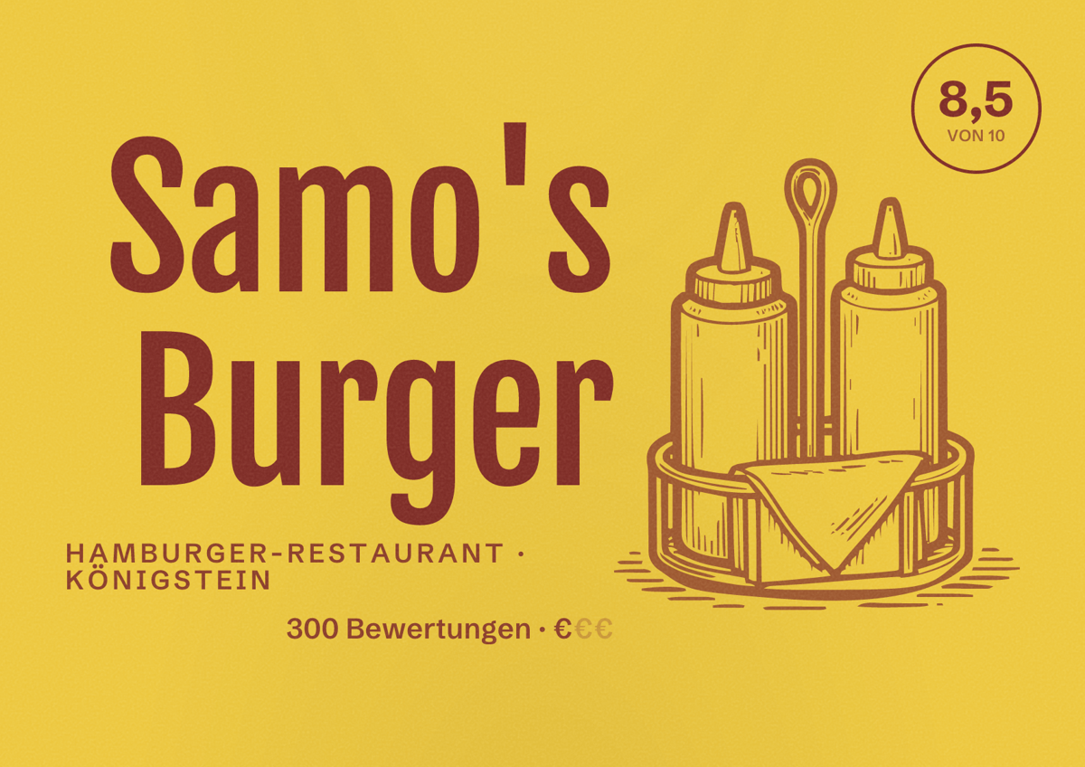 Illustriertes Poster von Samo's Burger, Hamburger-Restaurant in Königstein: Bewertung 8,5 von 10 aus 300 Bewertungen, Preisniveau €