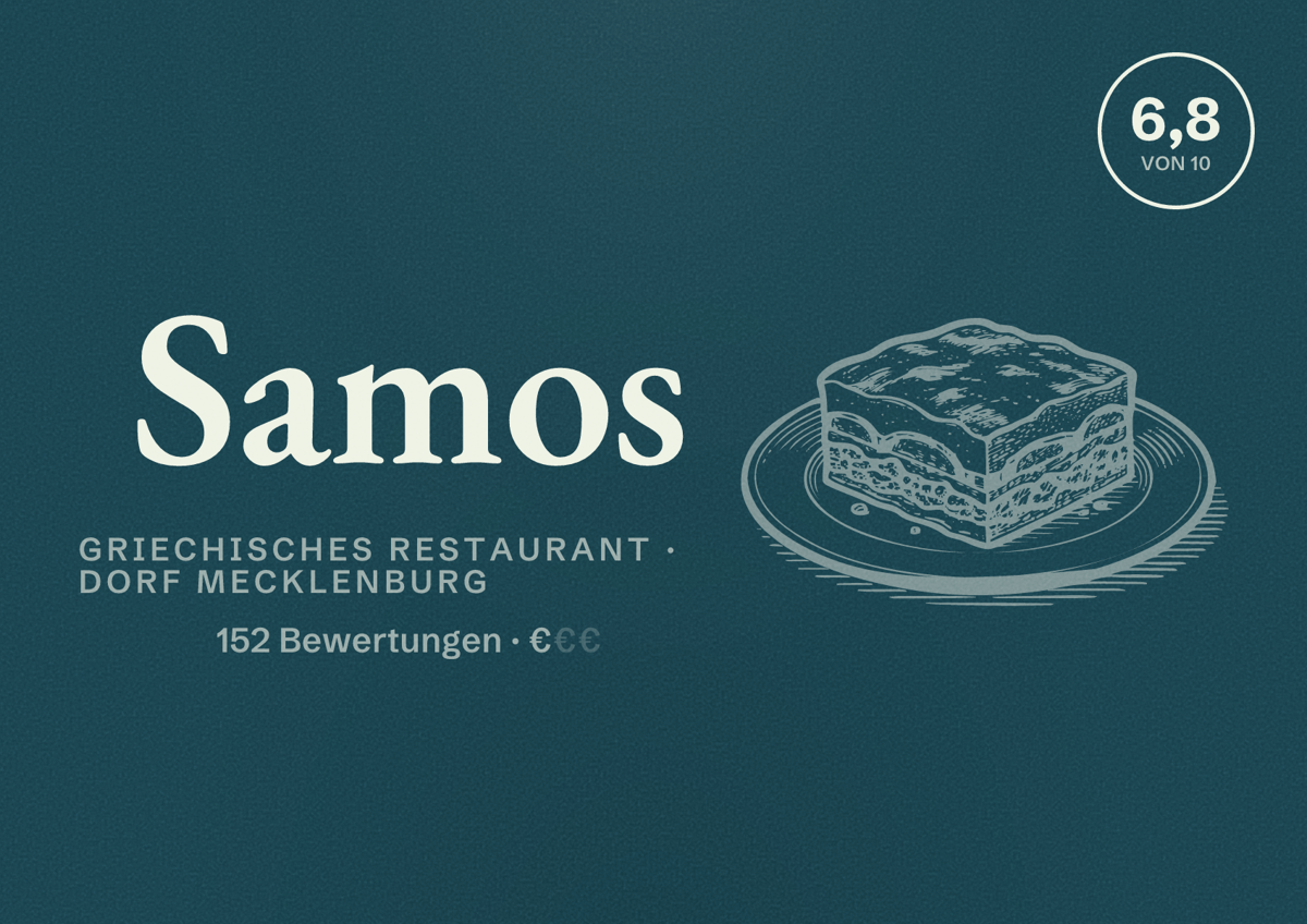 Illustriertes Poster von Samos, Griechisches Restaurant in Dorf Mecklenburg: Bewertung 6,8 von 10 aus 152 Bewertungen, Preisniveau €