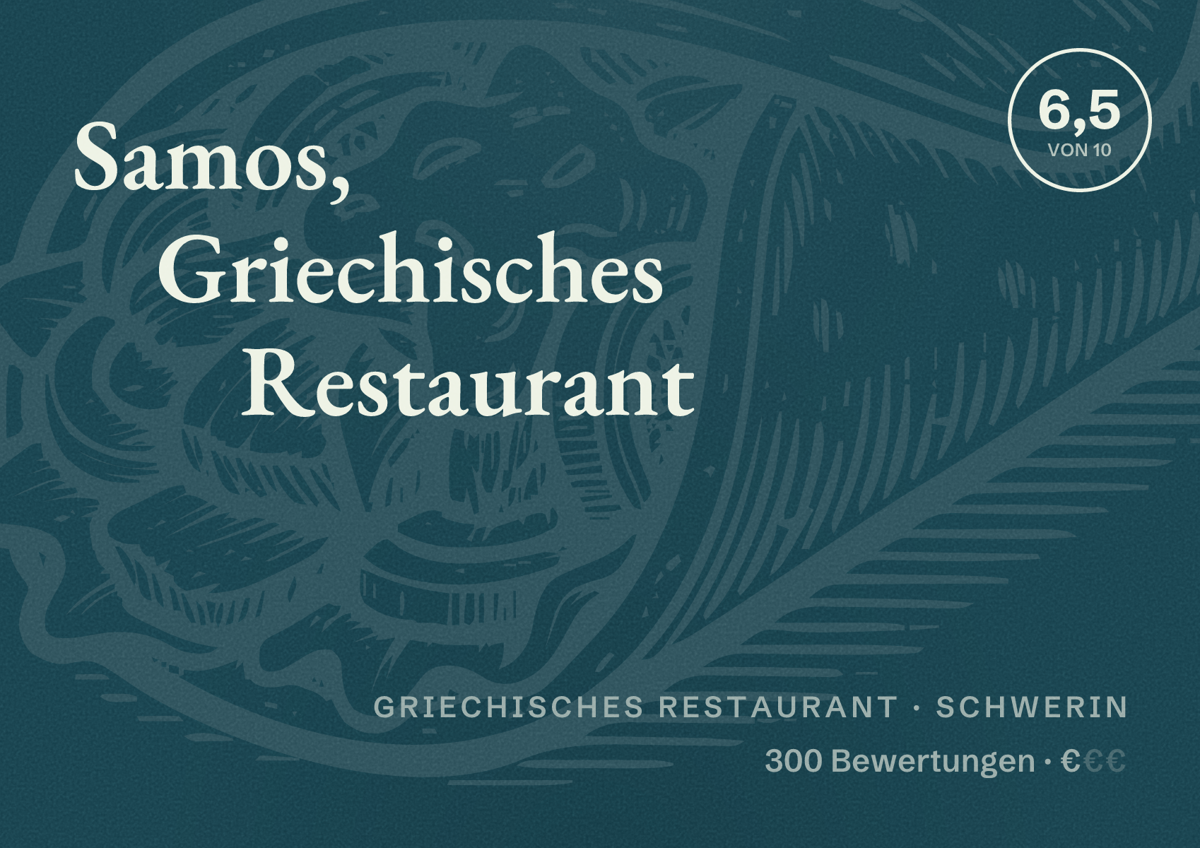Illustriertes Poster von Samos, Griechisches Restaurant, Griechisches Restaurant in Schwerin: Bewertung 6,5 von 10 aus 300 Bewertungen, Preisniveau €