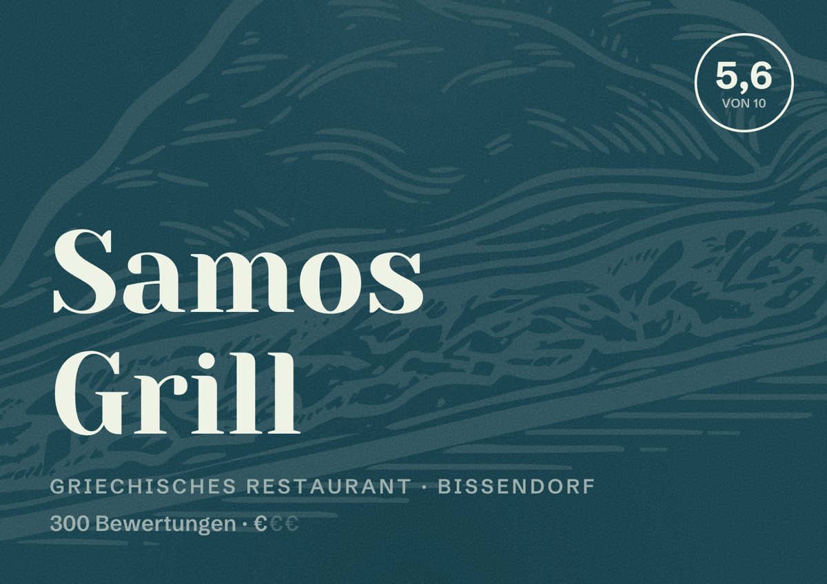 Illustriertes Poster von Samos Grill, Griechisches Restaurant in Bissendorf: Bewertung 5,6 von 10 aus 300 Bewertungen, Preisniveau €