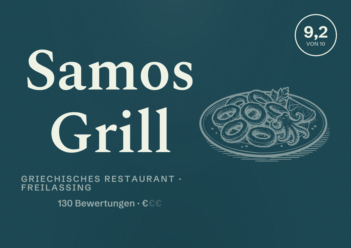 Illustriertes Poster von Samos Grill, Griechisches Restaurant in Freilassing: Bewertung 9,2 von 10 aus 130 Bewertungen, Preisniveau €