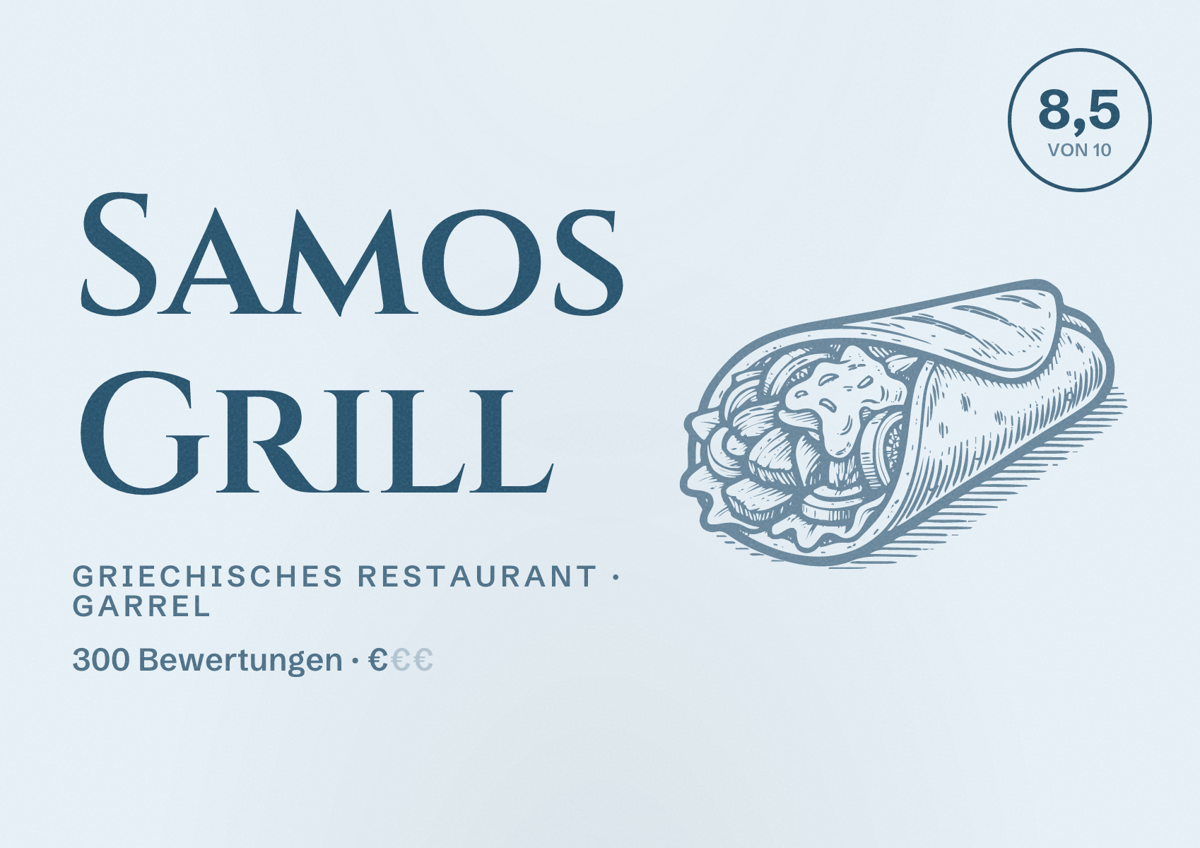 Illustriertes Poster von Samos Grill, Griechisches Restaurant in Garrel: Bewertung 8,5 von 10 aus 300 Bewertungen, Preisniveau €