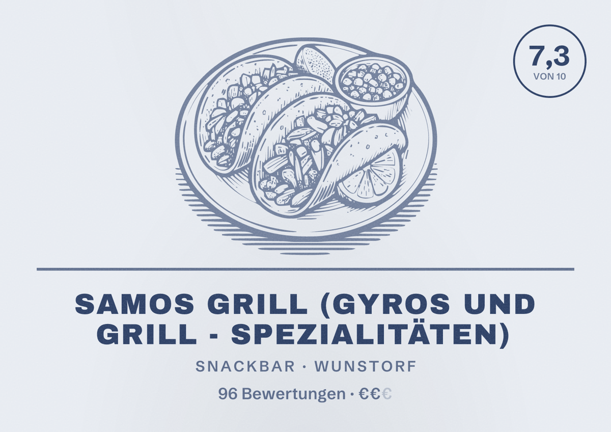 Illustriertes Poster von SAMOS GRILL (Gyros und Grill - Spezialitäten), Snackbar in Wunstorf: Bewertung 7,3 von 10 aus 96 Bewertungen, Preisniveau €€