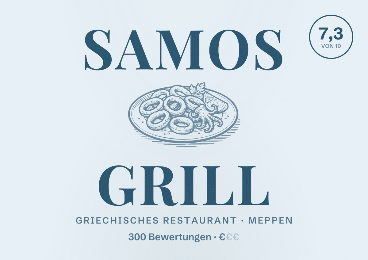 Illustriertes Poster von Samos Grill, Griechisches Restaurant in Meppen: Bewertung 7,3 von 10 aus 300 Bewertungen, Preisniveau €