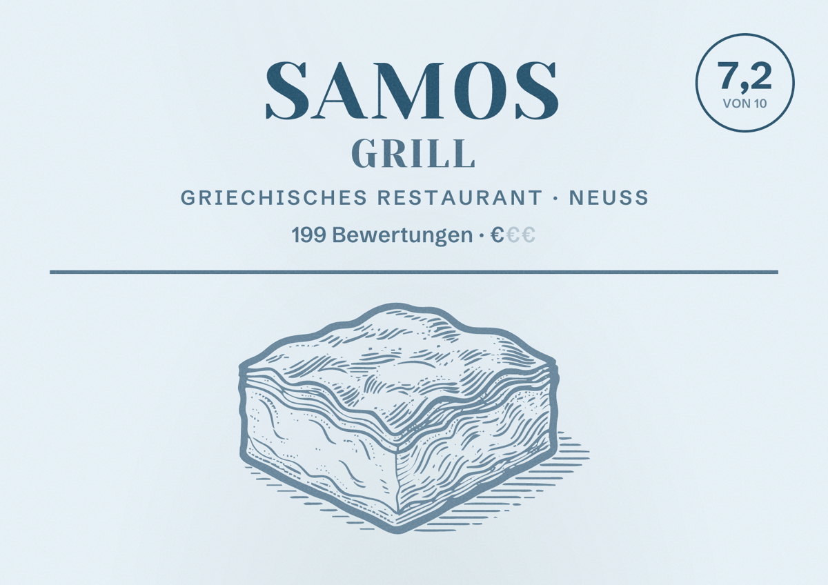 Illustriertes Poster von Samos Grill, Griechisches Restaurant in Neuss: Bewertung 7,2 von 10 aus 199 Bewertungen, Preisniveau €