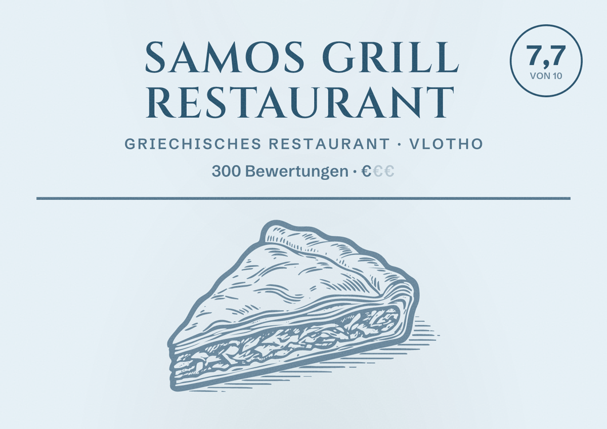 Illustriertes Poster von Samos Grill Restaurant, Griechisches Restaurant in Vlotho: Bewertung 7,7 von 10 aus 300 Bewertungen, Preisniveau €