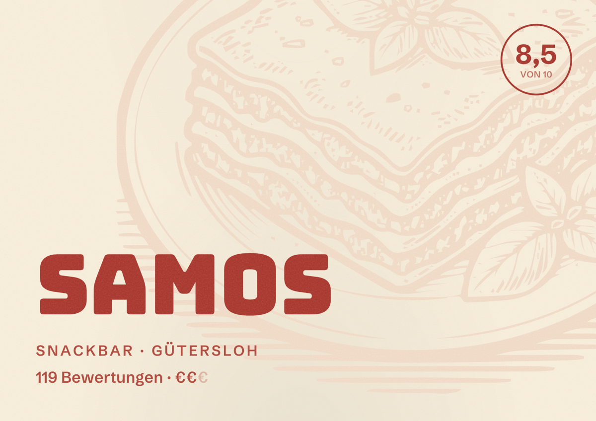 Illustriertes Poster von Samos, Snackbar in Gütersloh: Bewertung 8,5 von 10 aus 119 Bewertungen, Preisniveau €€