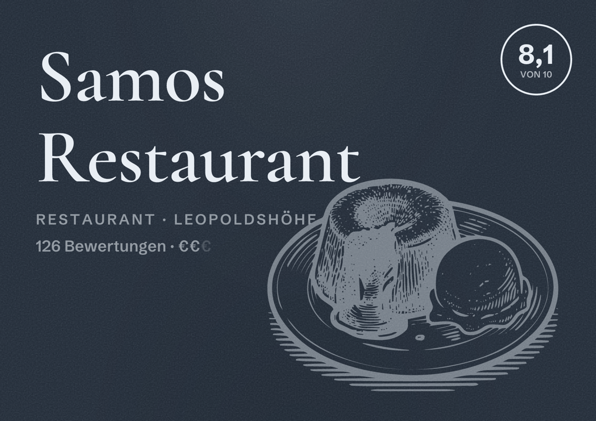 Illustriertes Poster von Samos Restaurant, Restaurant in Leopoldshöhe: Bewertung 8,1 von 10 aus 126 Bewertungen, Preisniveau €€