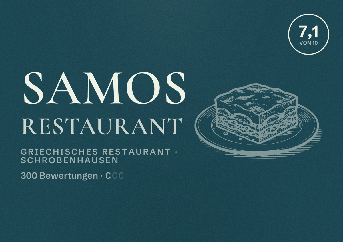 Illustriertes Poster von Samos Restaurant, Griechisches Restaurant in Schrobenhausen: Bewertung 7,1 von 10 aus 300 Bewertungen, Preisniveau €