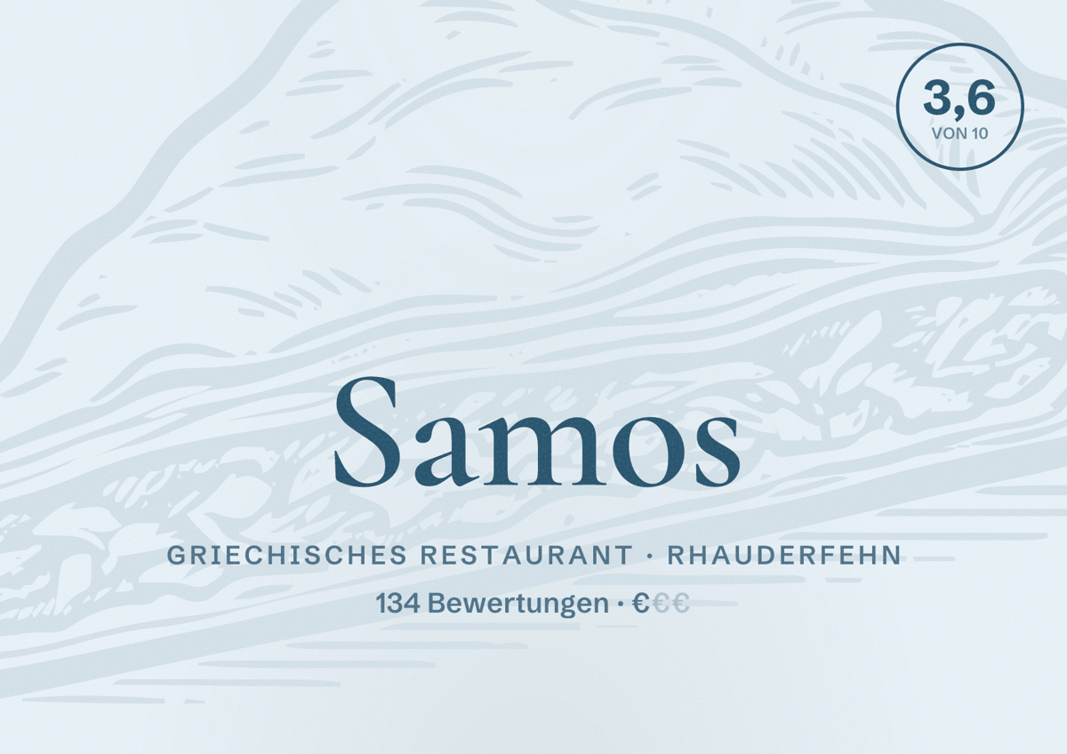 Illustriertes Poster von Samos, Griechisches Restaurant in Rhauderfehn: Bewertung 3,6 von 10 aus 134 Bewertungen, Preisniveau €