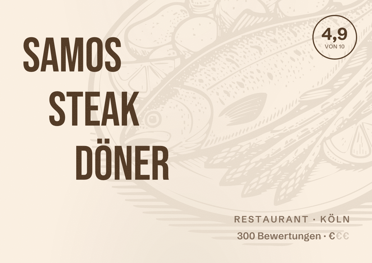 Illustriertes Poster von Samos Steak Döner, Restaurant in Köln: Bewertung 4,9 von 10 aus 300 Bewertungen, Preisniveau €