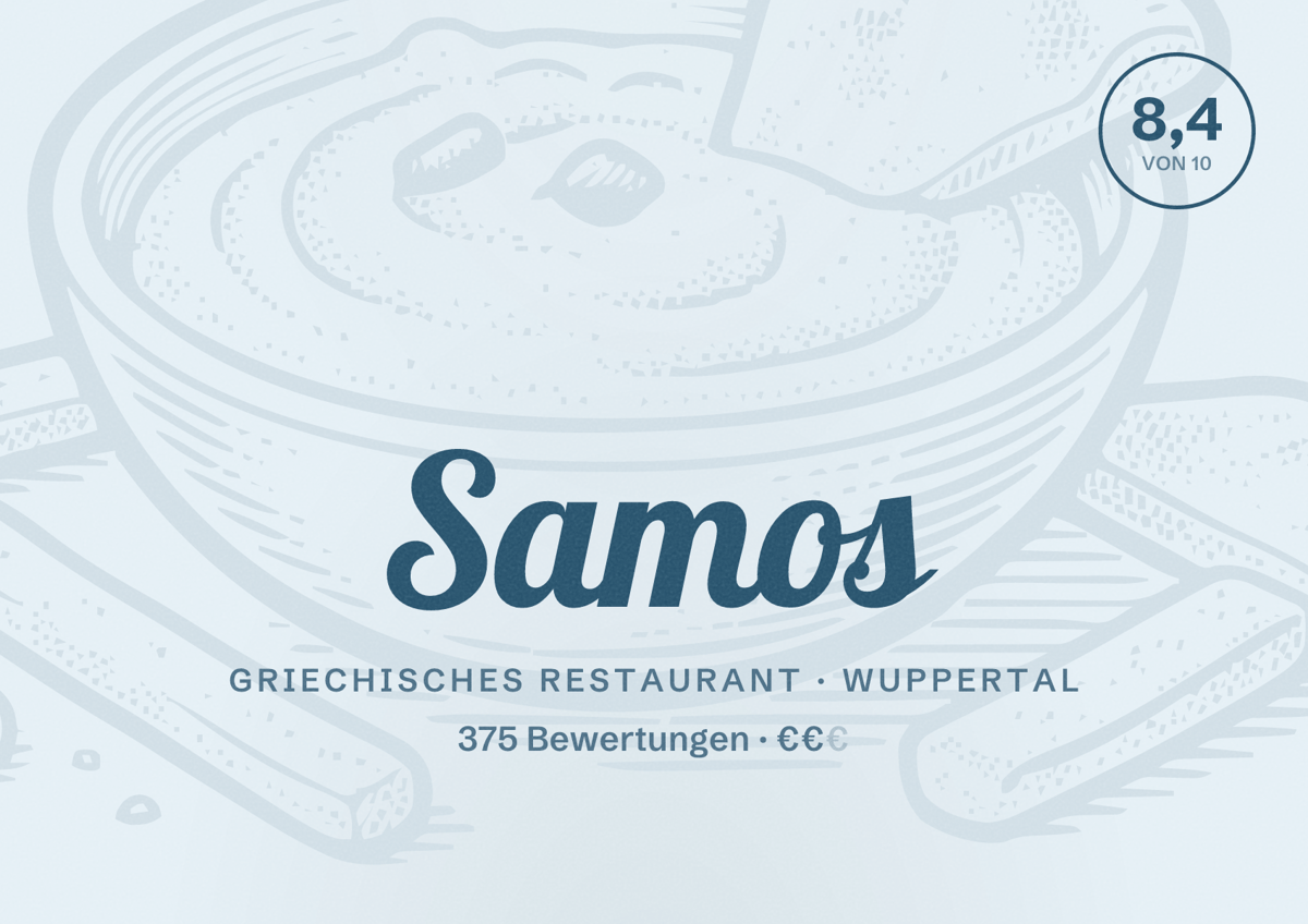 Illustriertes Poster von Samos, Griechisches Restaurant in Wuppertal: Bewertung 8,4 von 10 aus 375 Bewertungen, Preisniveau €€