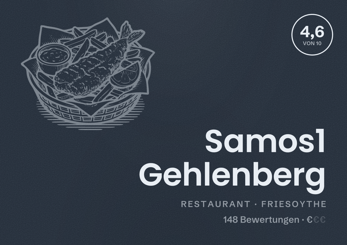 Illustriertes Poster von Samos1 Gehlenberg, Restaurant in Friesoythe: Bewertung 4,6 von 10 aus 148 Bewertungen, Preisniveau €