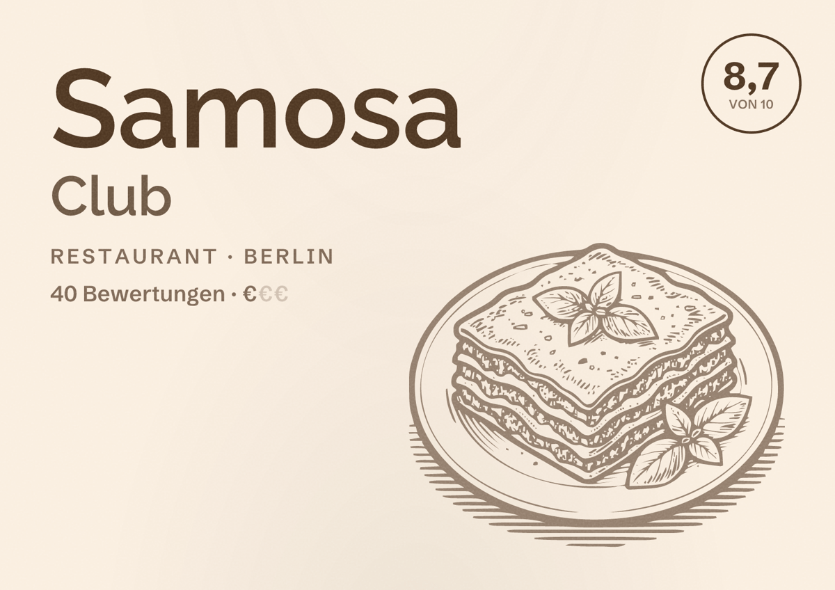 Illustriertes Poster von Samosa Club, Restaurant in Berlin: Bewertung 8,7 von 10 aus 40 Bewertungen, Preisniveau €