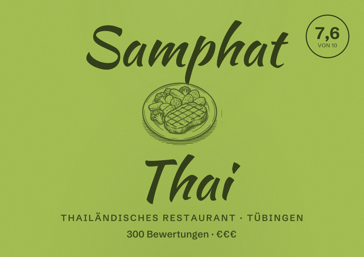 Illustriertes Poster von Samphat Thai, Thailändisches Restaurant in Tübingen: Bewertung 7,6 von 10 aus 300 Bewertungen, Preisniveau €€€
