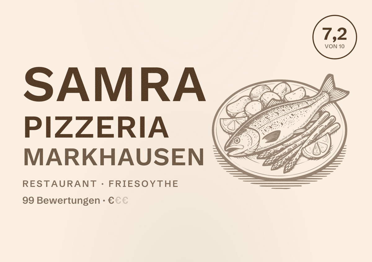 Illustriertes Poster von Samra pizzeria markhausen, Restaurant in Friesoythe: Bewertung 7,2 von 10 aus 99 Bewertungen, Preisniveau €