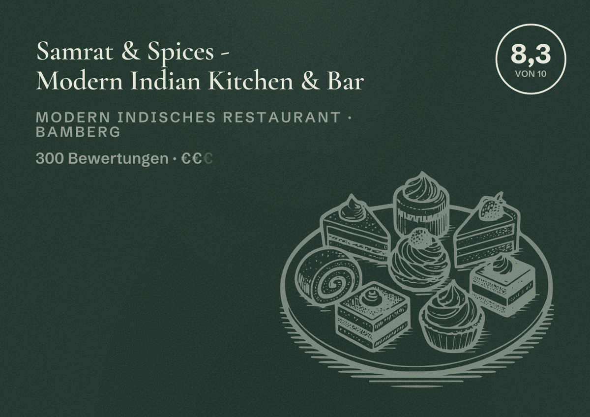 Illustriertes Poster von Samrat & Spices - Modern Indian Kitchen & Bar, Modern indisches Restaurant in Bamberg: Bewertung 8,3 von 10 aus 300 Bewertungen, Preisniveau €€
