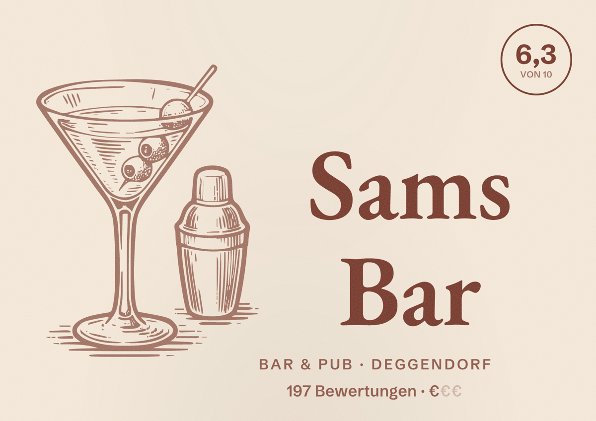 Illustriertes Poster von Sams Bar, Bar & Pub in Deggendorf: Bewertung 6,3 von 10 aus 197 Bewertungen, Preisniveau €
