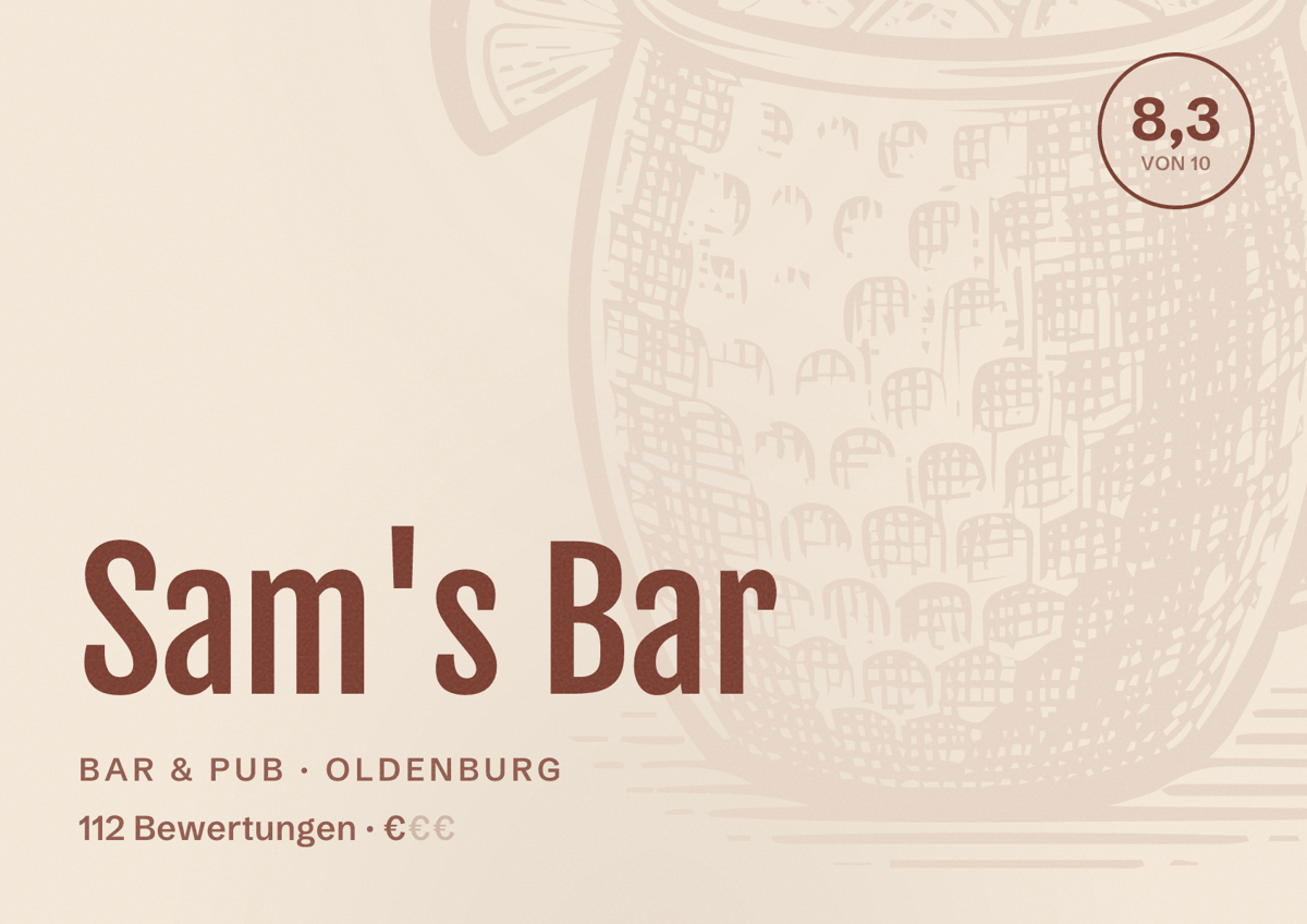 Illustriertes Poster von Sam's Bar, Bar & Pub in Oldenburg: Bewertung 8,3 von 10 aus 112 Bewertungen, Preisniveau €