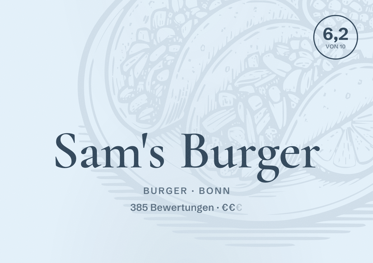 Illustriertes Poster von Sam's Burger, Burger in Bonn: Bewertung 6,2 von 10 aus 385 Bewertungen, Preisniveau €€