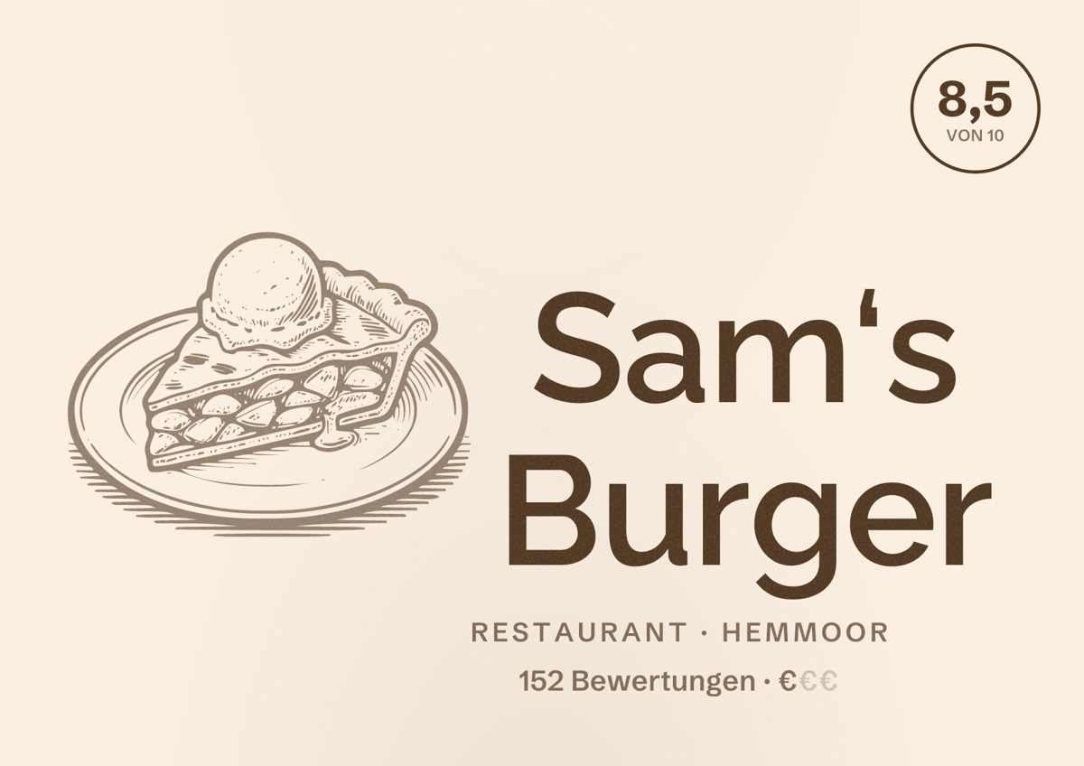 Illustriertes Poster von Sam‘s Burger, Restaurant in Hemmoor: Bewertung 8,5 von 10 aus 152 Bewertungen, Preisniveau €