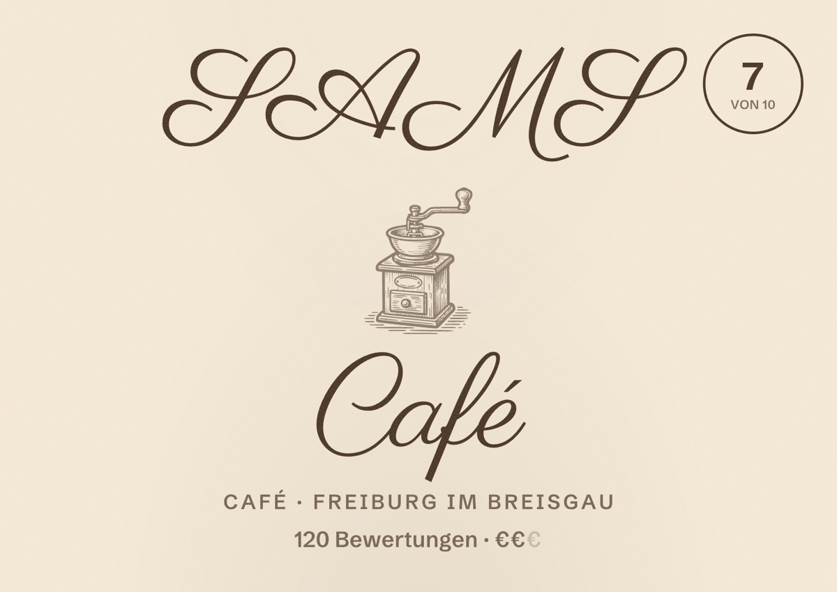 Illustriertes Poster von SAMS Café, Café in Freiburg im Breisgau: Bewertung 7,0 von 10 aus 120 Bewertungen, Preisniveau €€