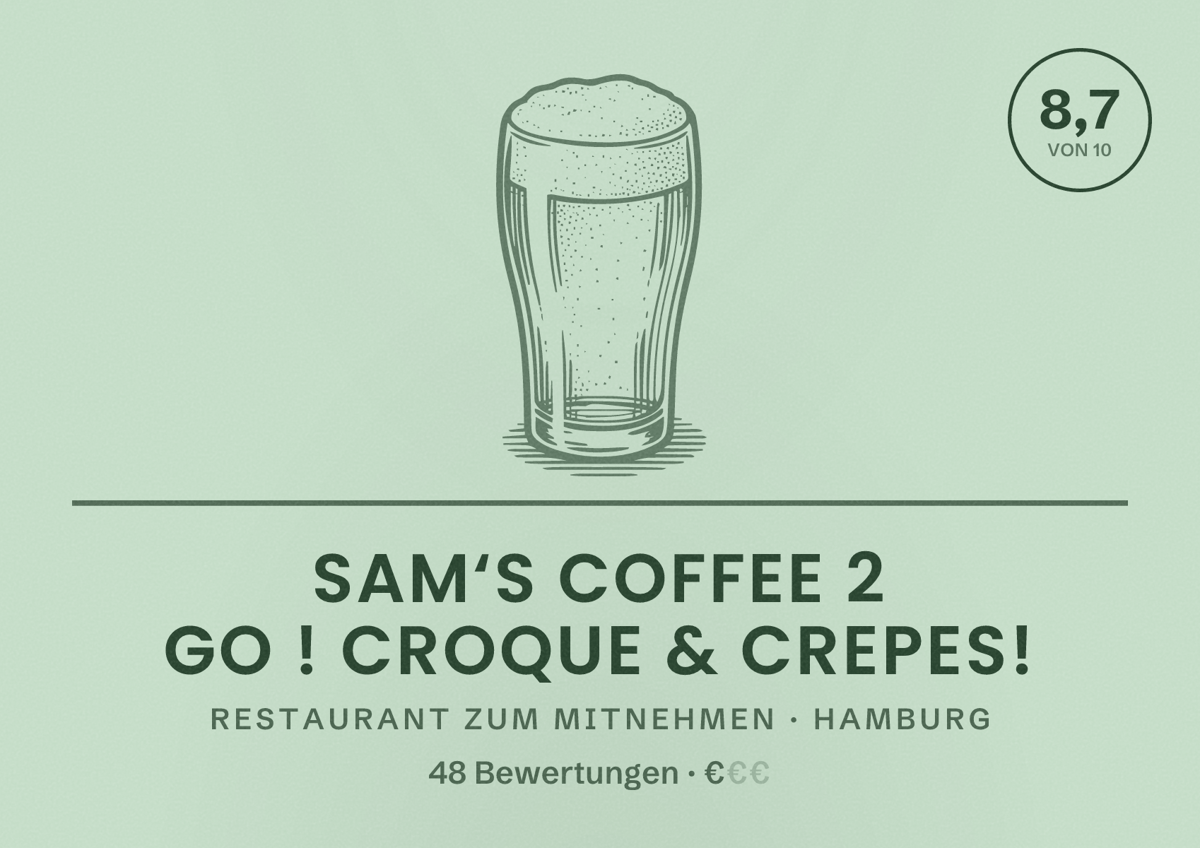 Illustriertes Poster von Sam‘s Coffee 2 Go ! Croque & Crepes!, Restaurant zum Mitnehmen in Hamburg: Bewertung 8,7 von 10 aus 48 Bewertungen, Preisniveau €