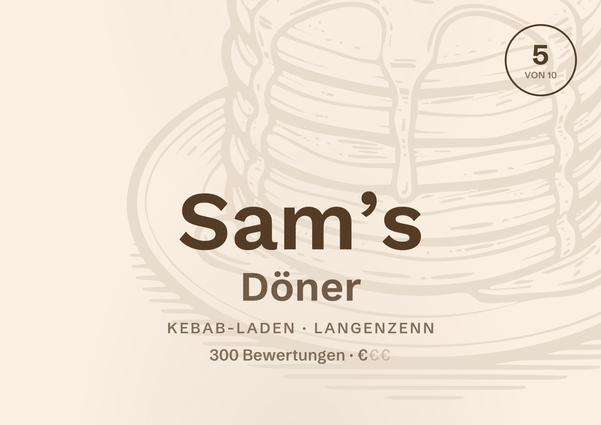 Illustriertes Poster von Sam’s Döner, Kebab-Laden in Langenzenn: Bewertung 5 von 10 aus 300 Bewertungen, Preisniveau €