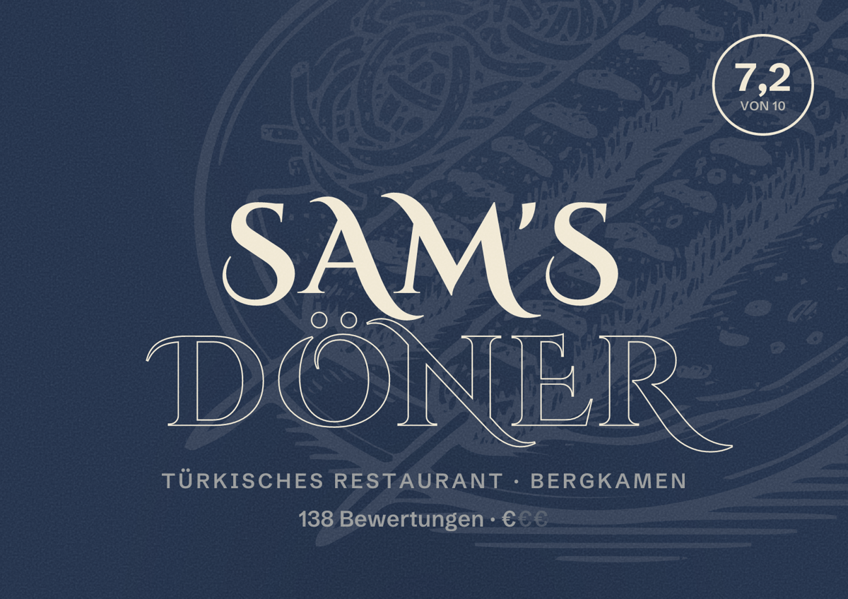 Illustriertes Poster von Sam's Döner, Türkisches Restaurant in Bergkamen: Bewertung 7,2 von 10 aus 138 Bewertungen, Preisniveau €