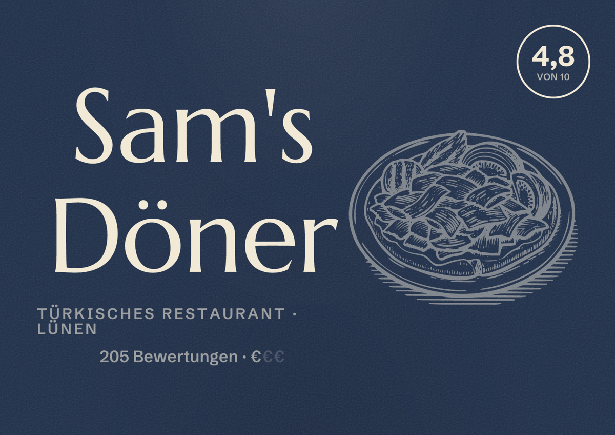 Illustriertes Poster von Sam's Döner, Türkisches Restaurant in Lünen: Bewertung 4,8 von 10 aus 205 Bewertungen, Preisniveau €