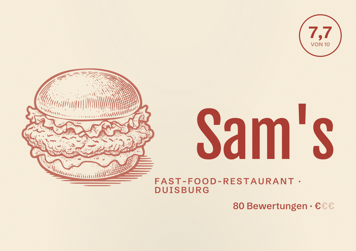 Illustriertes Poster von Sam's, Fast-Food-Restaurant in Duisburg: Bewertung 7,7 von 10 aus 80 Bewertungen, Preisniveau €