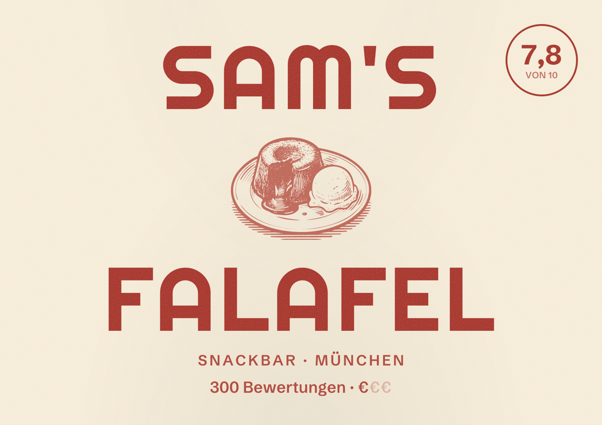 Illustriertes Poster von Sam's Falafel, Snackbar in München: Bewertung 7,8 von 10 aus 300 Bewertungen, Preisniveau €