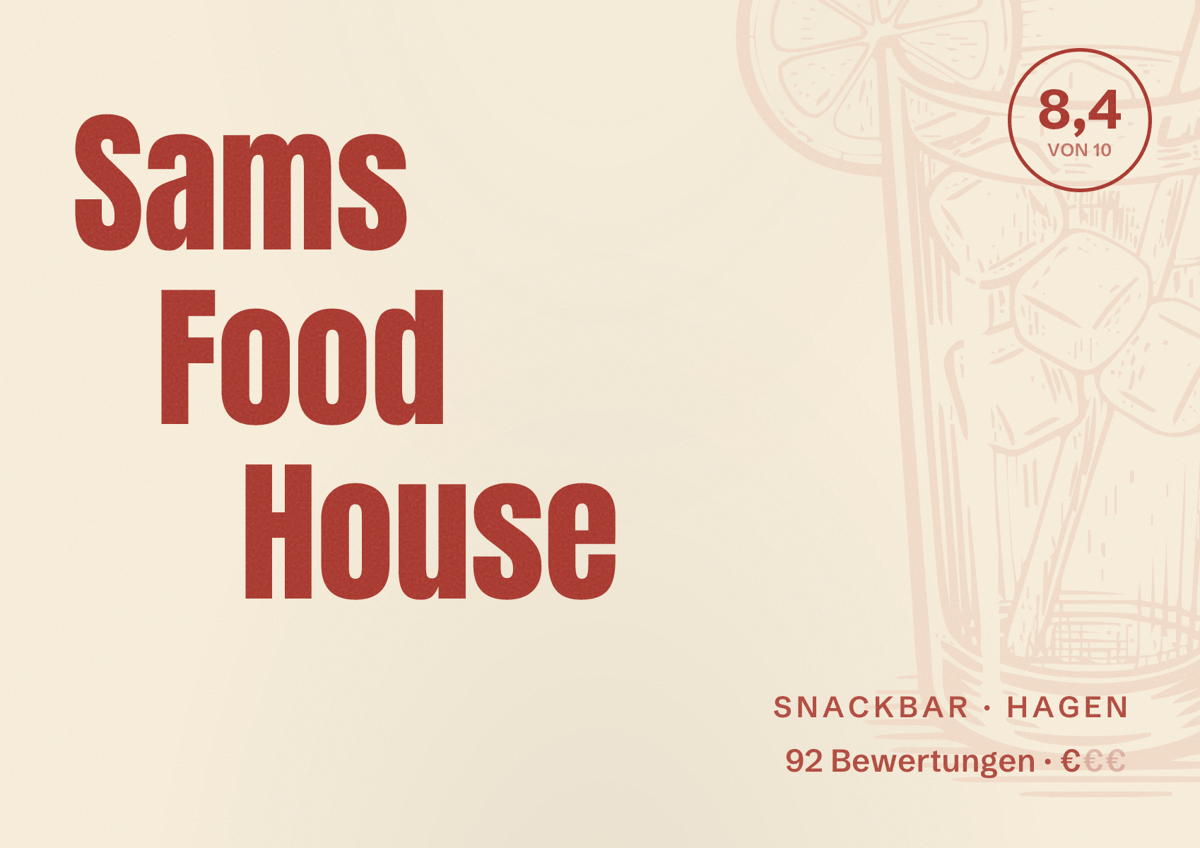 Illustriertes Poster von Sams Food House, Snackbar in Hagen: Bewertung 8,4 von 10 aus 92 Bewertungen, Preisniveau €