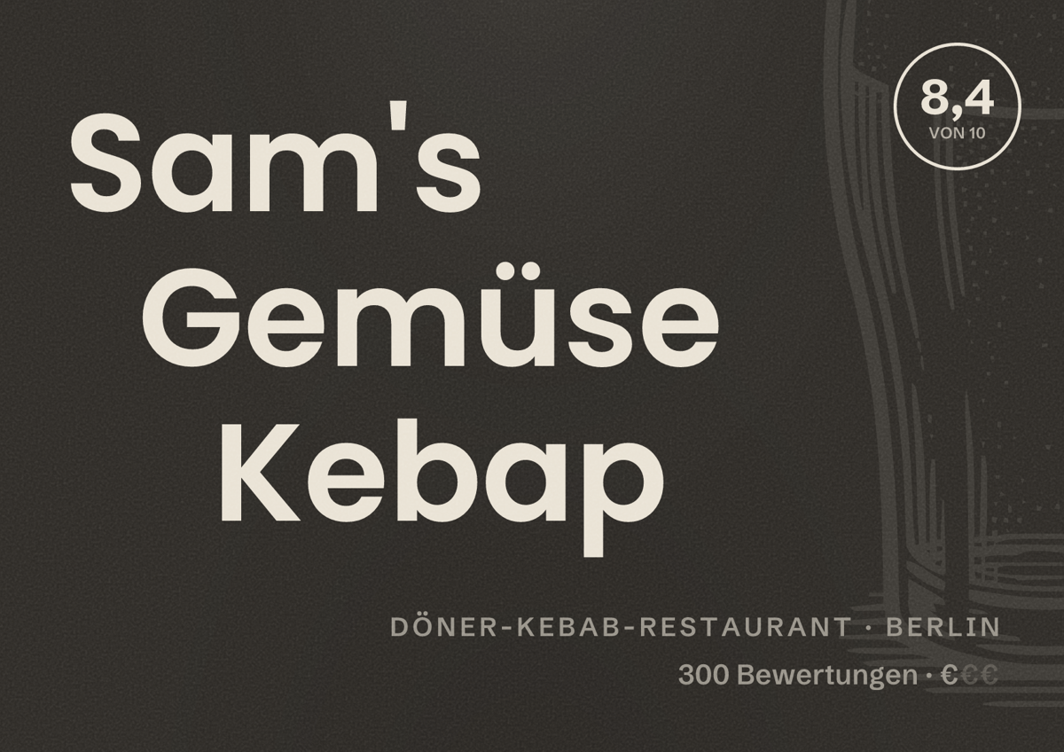 Illustriertes Poster von Sam's Gemüse Kebap, Döner-Kebab-Restaurant in Berlin: Bewertung 8,4 von 10 aus 300 Bewertungen, Preisniveau €
