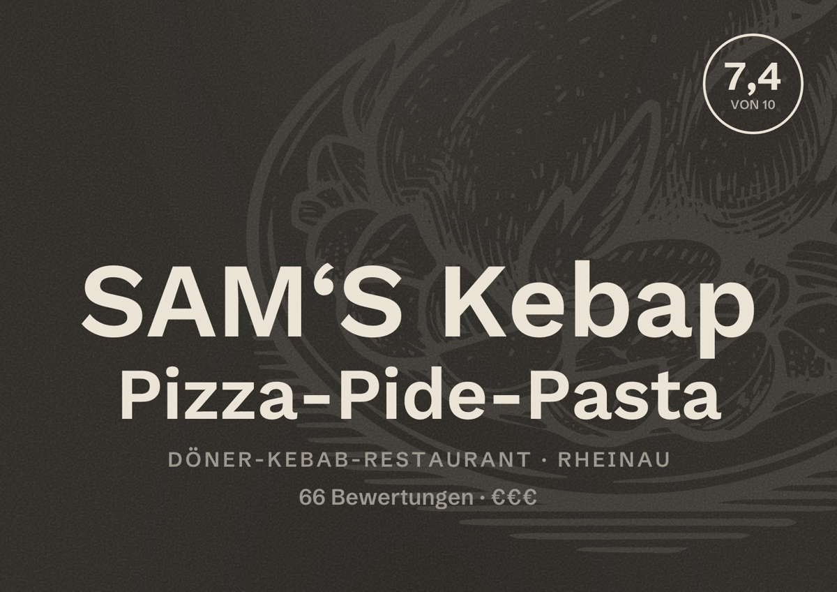 Illustriertes Poster von SAM‘S Kebap Pizza-Pide-Pasta, Döner-Kebab-Restaurant in Rheinau: Bewertung 7,4 von 10 aus 66 Bewertungen, Preisniveau €€€