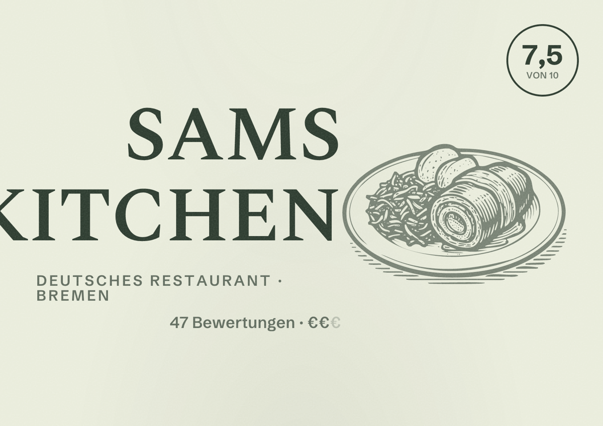 Illustriertes Poster von SAMS KITCHEN, Deutsches Restaurant in Bremen: Bewertung 7,5 von 10 aus 47 Bewertungen, Preisniveau €€