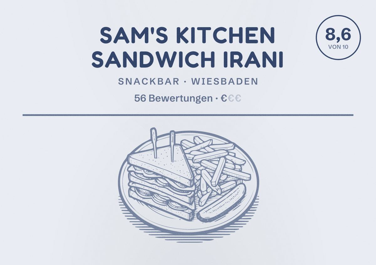 Illustriertes Poster von Sam's Kitchen sandwich IRANI, Snackbar in Wiesbaden: Bewertung 8,6 von 10 aus 56 Bewertungen, Preisniveau €