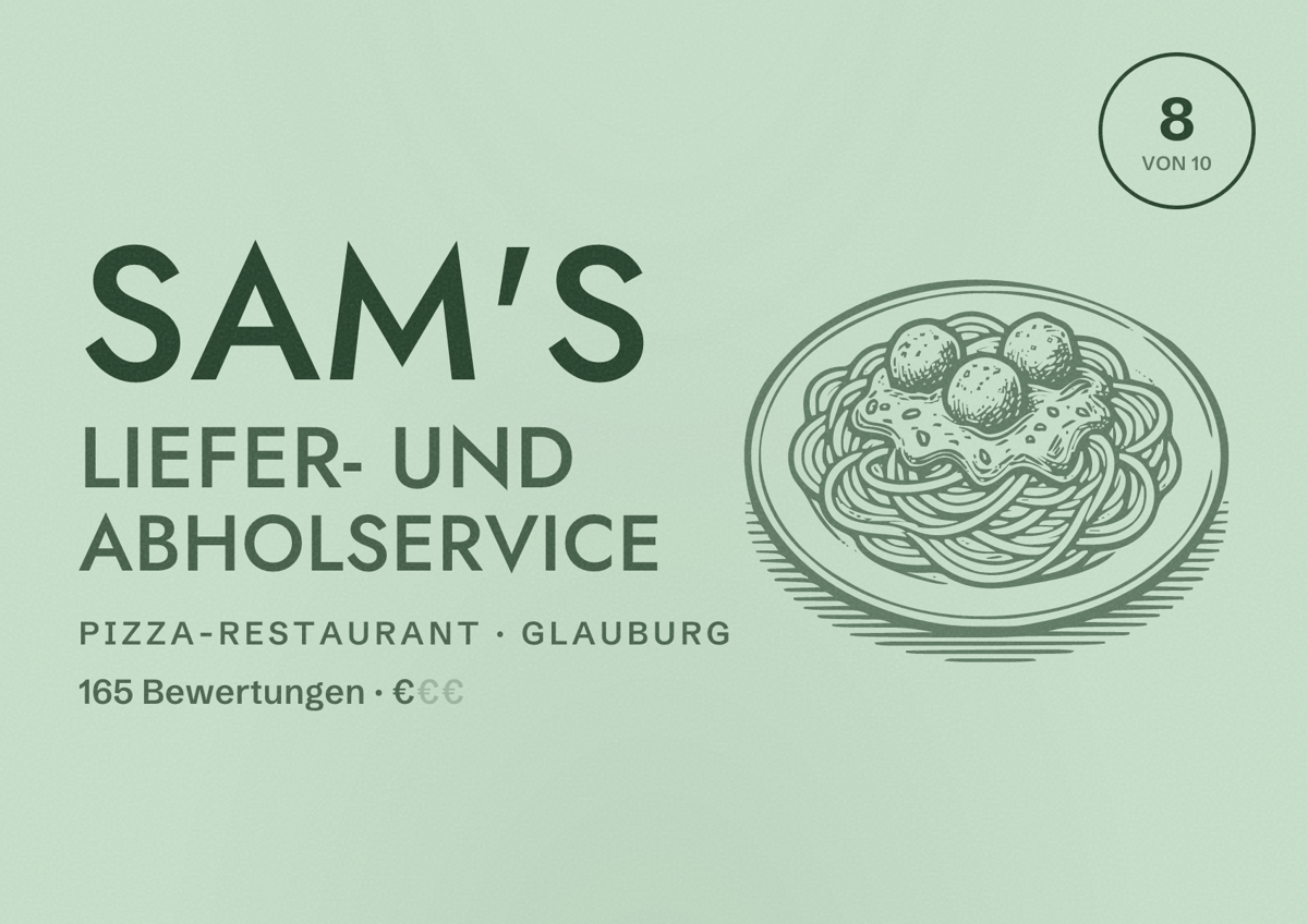 Illustriertes Poster von Sam's Liefer- und Abholservice, Pizza-Restaurant in Glauburg: Bewertung 8 von 10 aus 165 Bewertungen, Preisniveau €