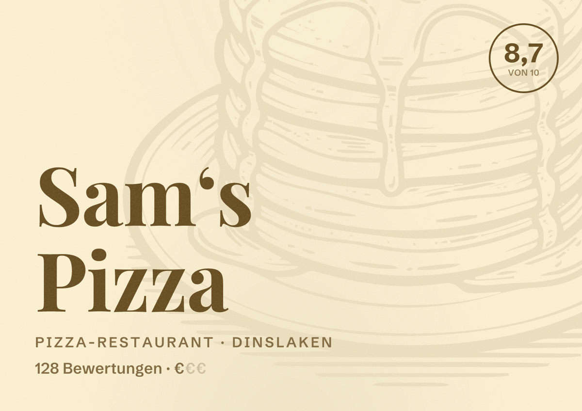 Illustriertes Poster von Sam‘s Pizza, Pizza-Restaurant in Dinslaken: Bewertung 8,7 von 10 aus 128 Bewertungen, Preisniveau €