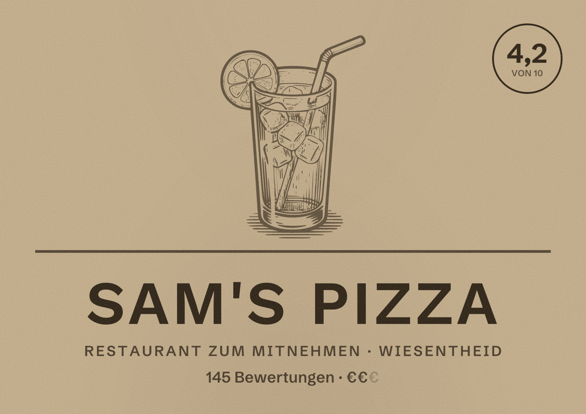 Illustriertes Poster von Sam's Pizza, Restaurant zum Mitnehmen in Wiesentheid: Bewertung 4,2 von 10 aus 145 Bewertungen, Preisniveau €€