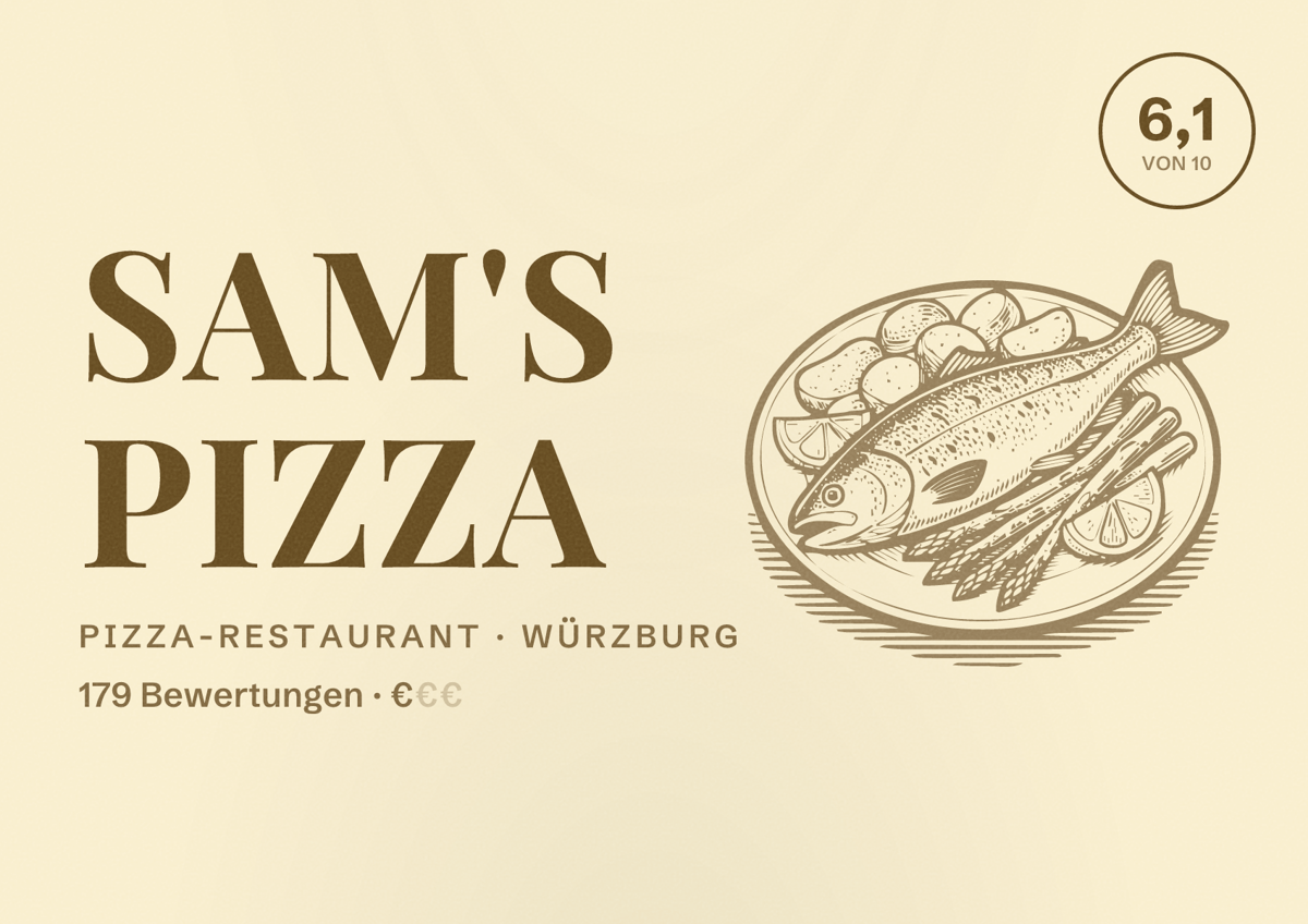 Illustriertes Poster von Sam's Pizza, Pizza-Restaurant in Würzburg: Bewertung 6,1 von 10 aus 179 Bewertungen, Preisniveau €