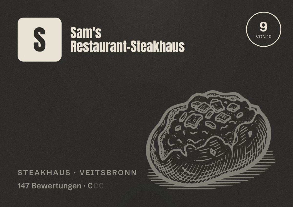 Illustriertes Poster von Sam's Restaurant-Steakhaus, Steakhaus in Veitsbronn: Bewertung 9 von 10 aus 147 Bewertungen, Preisniveau €
