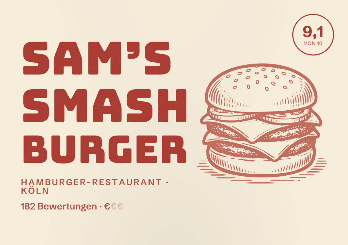 Illustriertes Poster von Sam’s Smash Burger, Hamburger-Restaurant in Köln: Bewertung 9,1 von 10 aus 182 Bewertungen, Preisniveau €